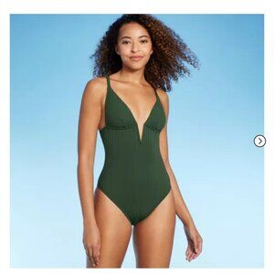 Dark Green V cut one piece swim suit